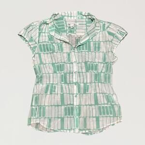 Sheer white and teal modular retro pattern cap sleeve top office siren Y2K